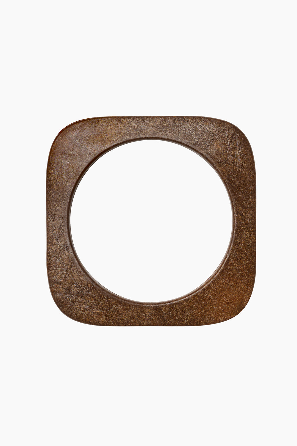 Arch Bangle in natural wood with sculptural square form, photographed on white background.