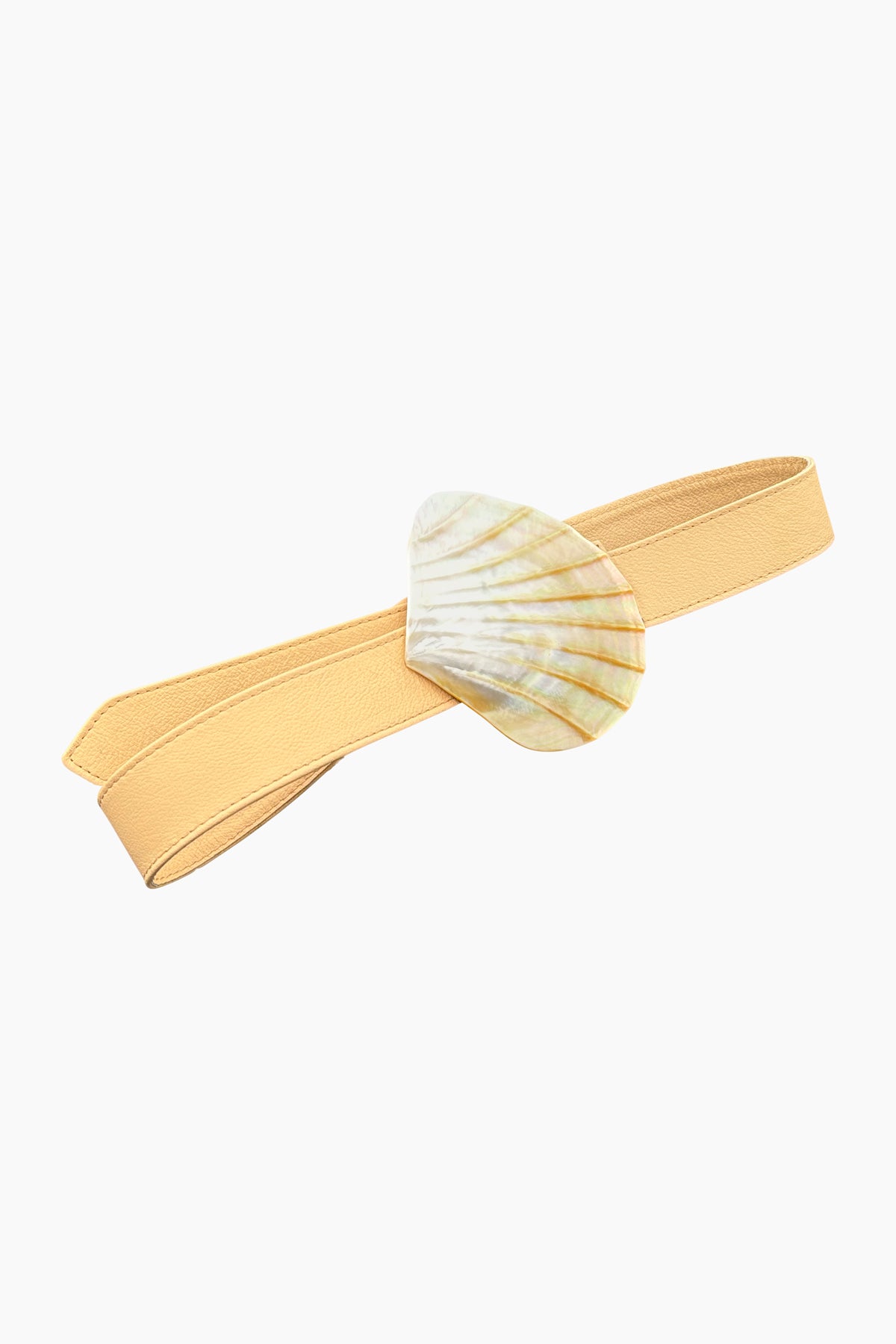 Product photo of the Emily Belt, an adjustable belt made from high-quality cowhide leather. It features a beautiful mother of pearl buckle, showcasing exceptional artisanal craftsmanship. A nature-inspired, heirloom-quality piece designed for modern wear.