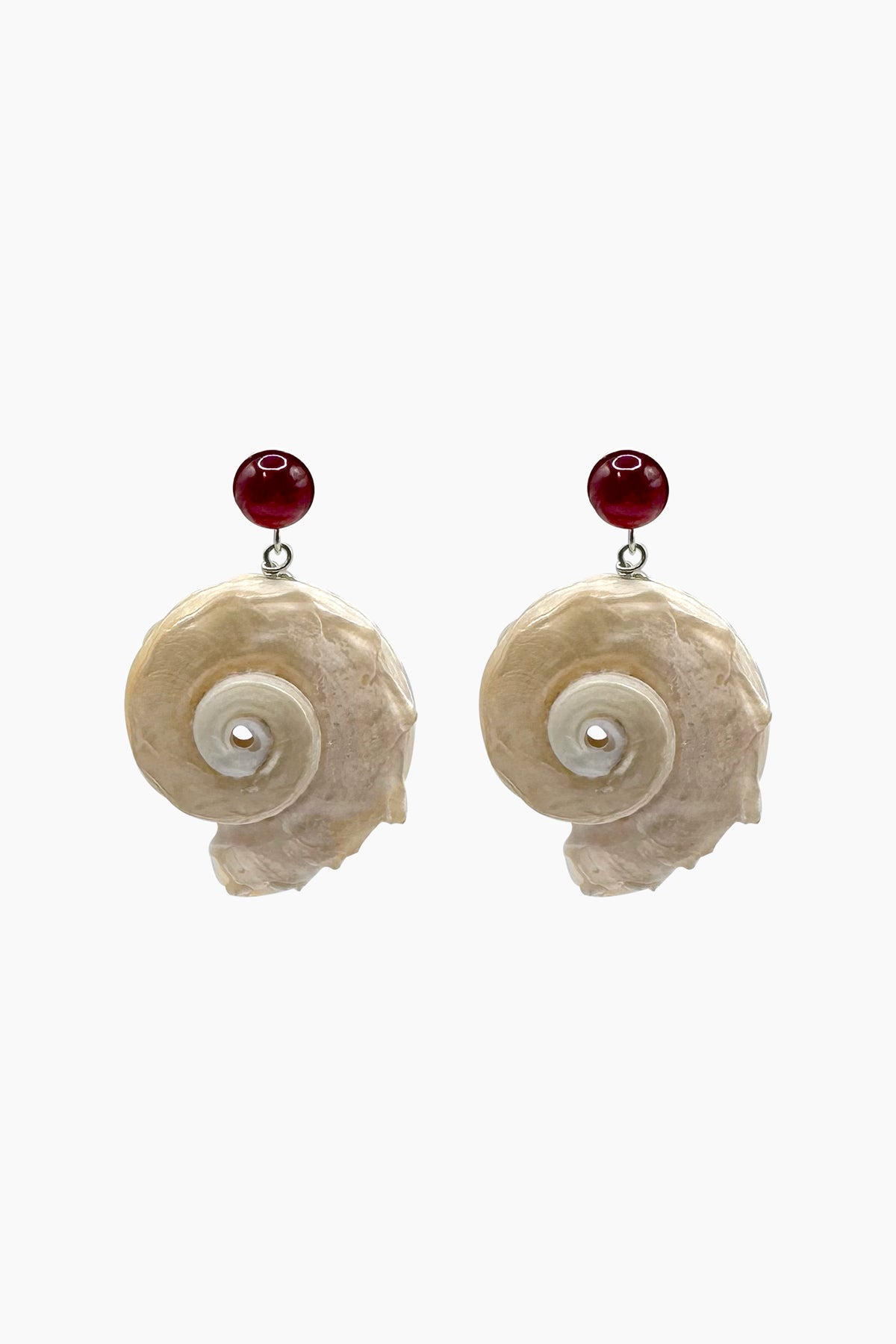 Juni earrings with lab-grown ruby studs set in sterling silver and shell drops. Handcrafted, modern heirloom jewelry inspired by nature's beauty. Handmade in Los Angeles.