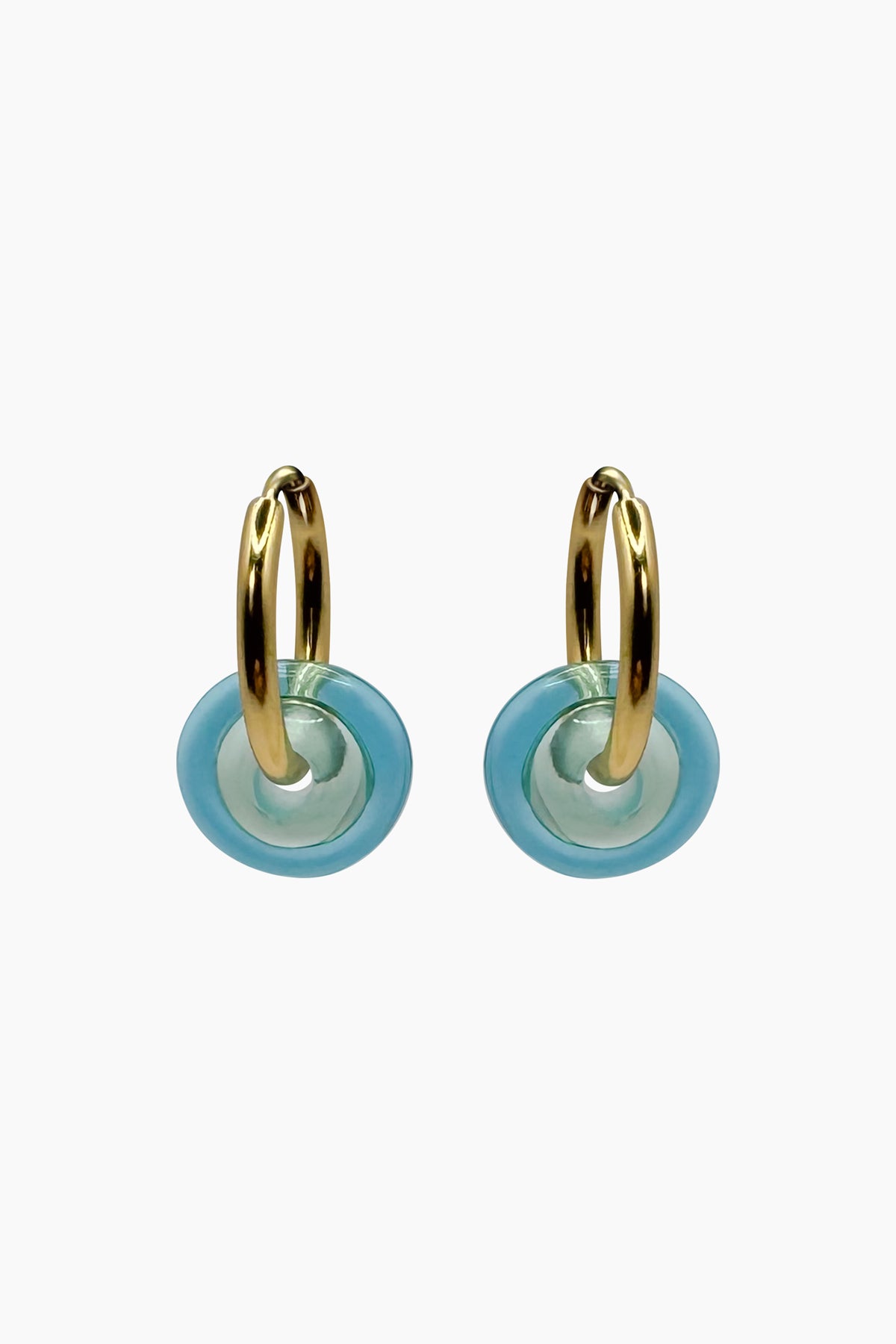 Front view of the Keeley I Earrings featuring handblown turquoise glass disk beads on 18K gold-plated stainless steel hoops. Vibrant, ocean-inspired fun jewelry.