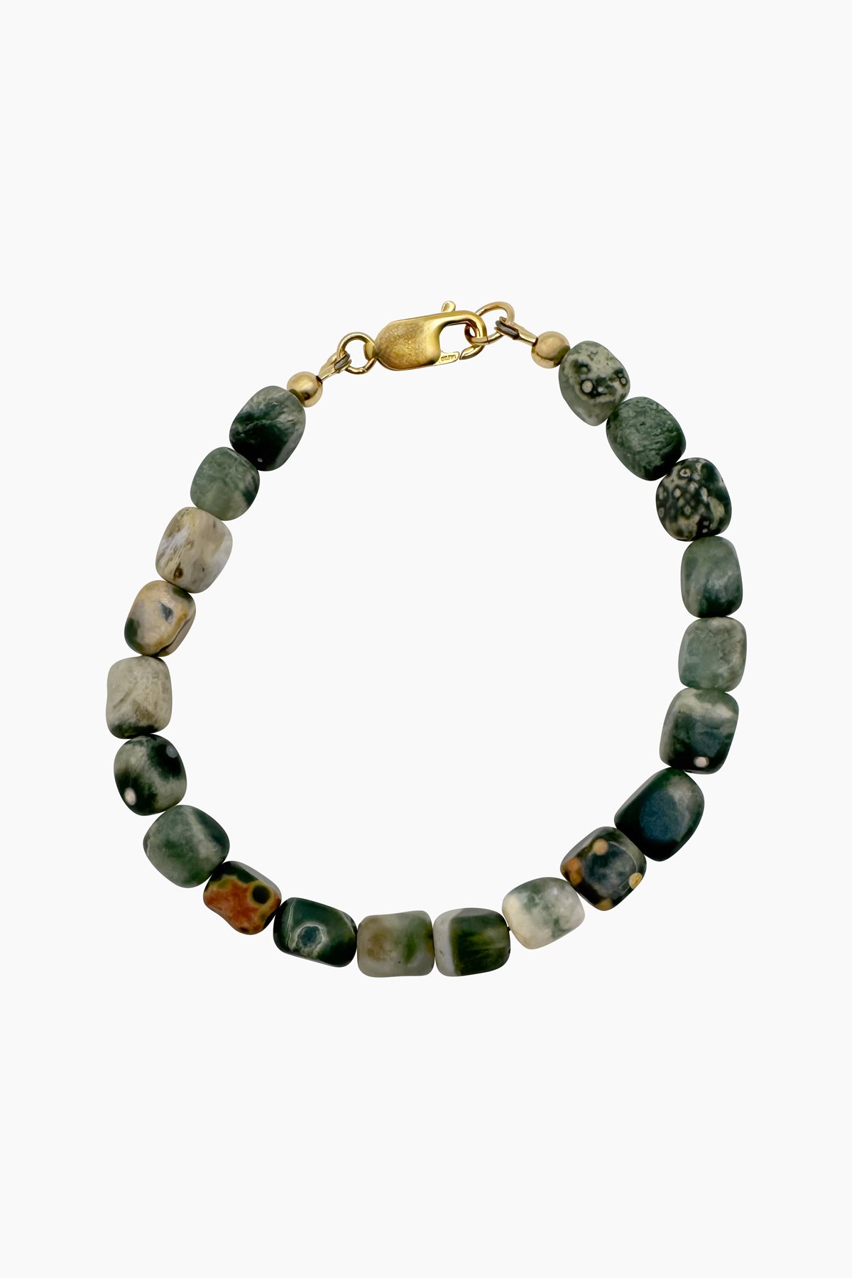 Product shot of the Rio Bracelet featuring irregular Ocean Jasper nugget beads, showcasing earthy colors and organic textures. Handmade with natural gemstones in Los Angeles.
