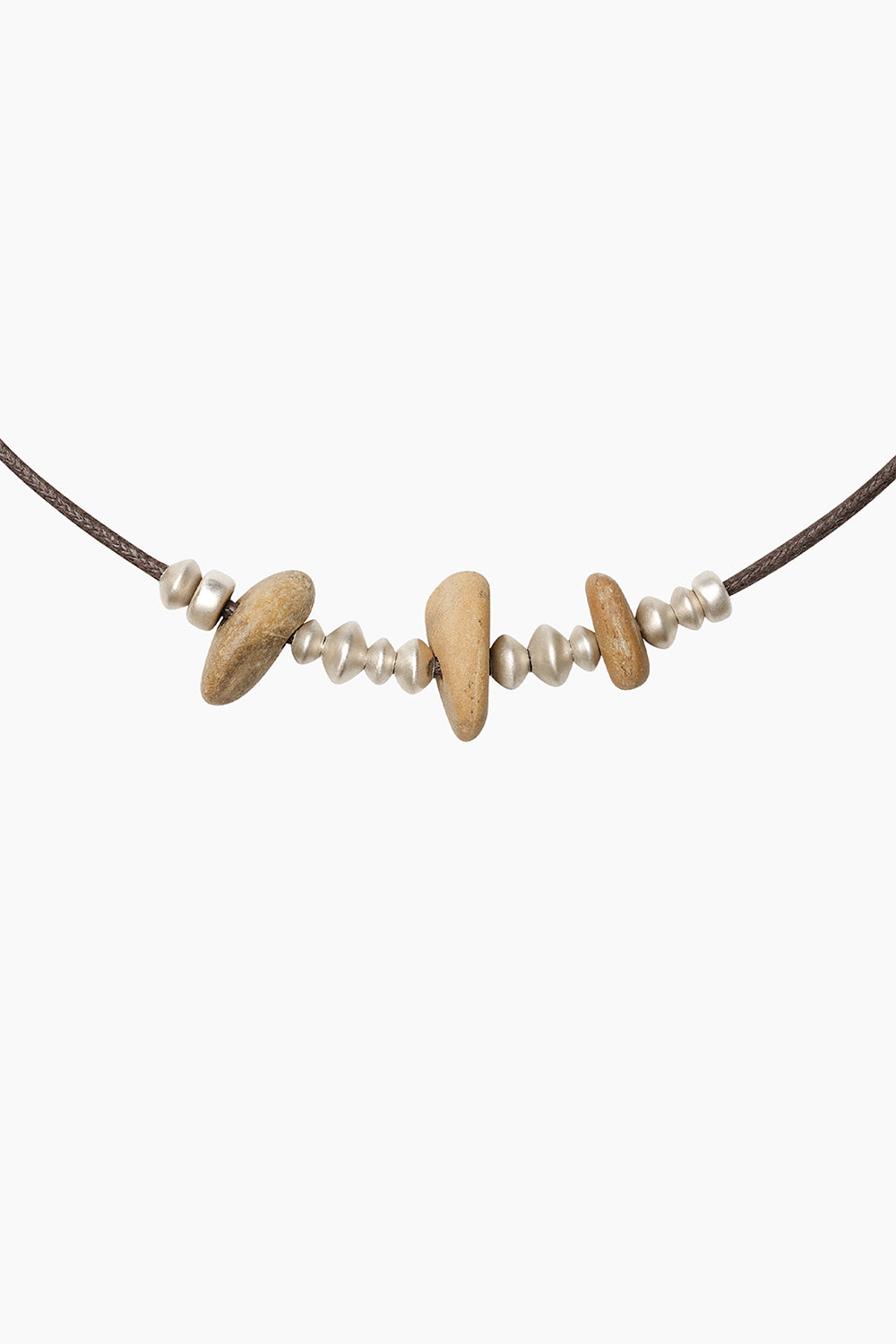 Ruins Necklace — stone and matte sterling silver beads strung on a brown waxed cotton cord, photographed on a white background.