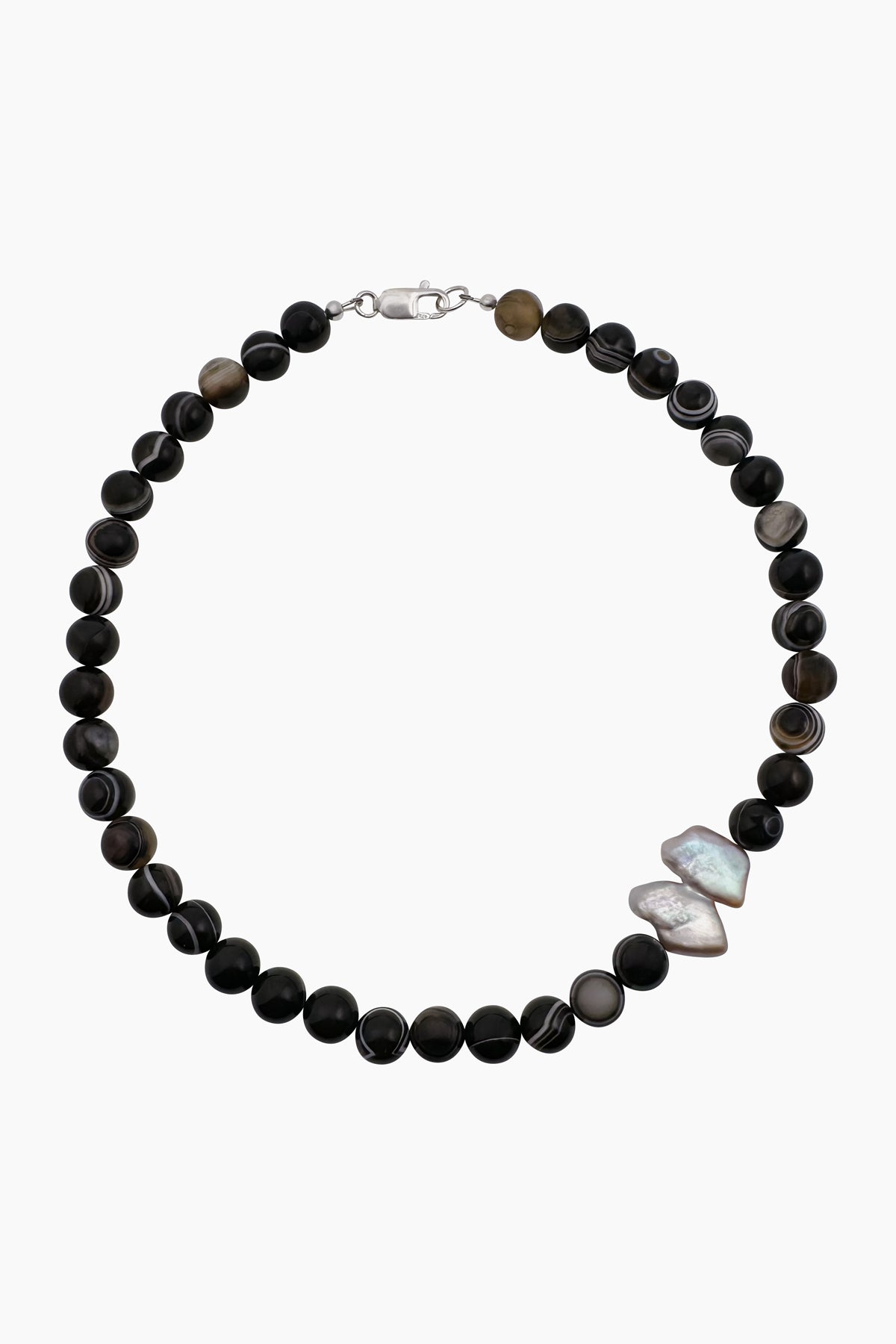 Sable Necklace featuring Black Sardonyx Agate beads and an irregular baroque pearl pendant, with a sterling silver lobster clasp. Handmade in Los Angeles.