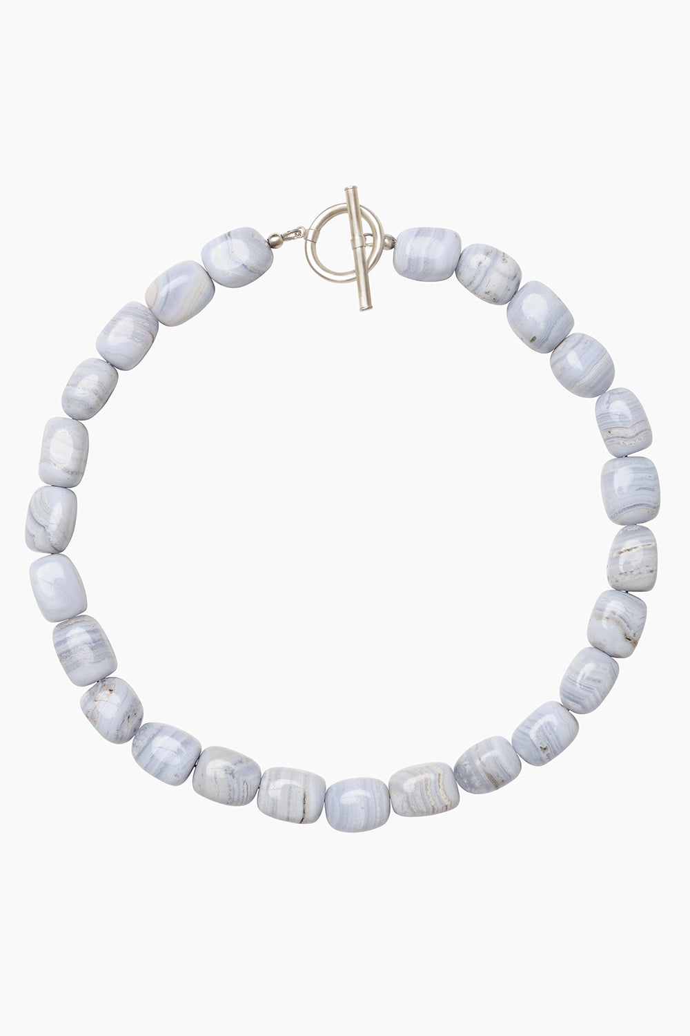 Vestal Necklace — chunky strand of tumbled blue lace agate beads in pale blue and white tones, photographed on white background.