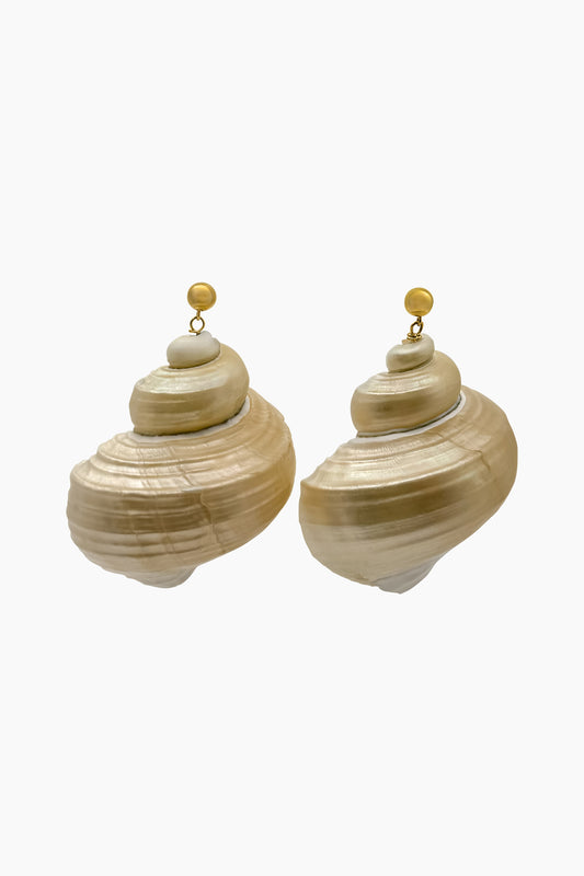 Close-up of statement turbo shell earrings on 14K gold-filled posts, featuring organic textures and natural forms, handmade in Los Angeles.