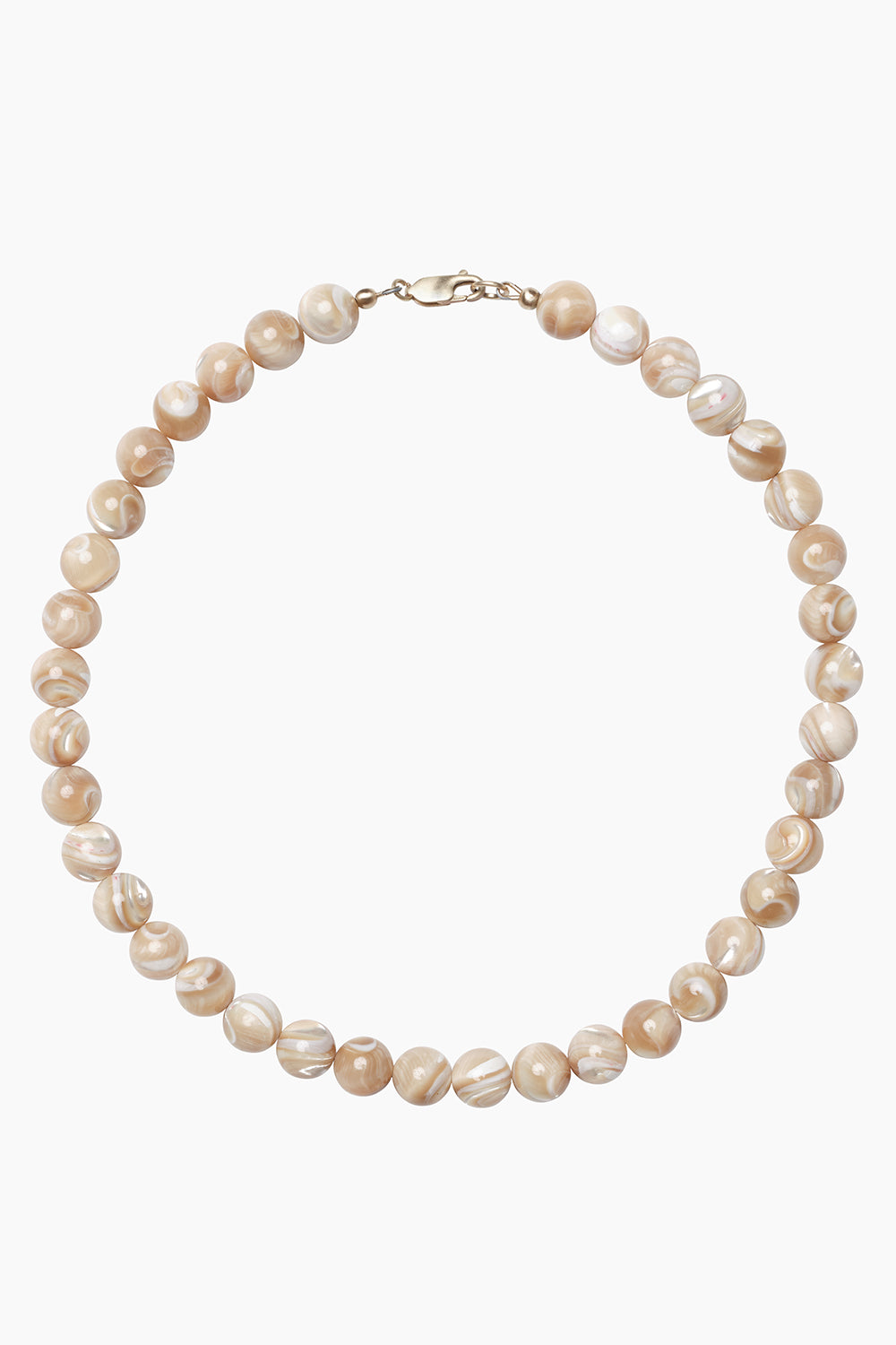 The Dawn Necklace — round mother of pearl beads, photographed on white background