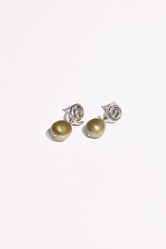 Solid .925 Sterling Silver spiral earrings with freshwater baroque pearl drops.