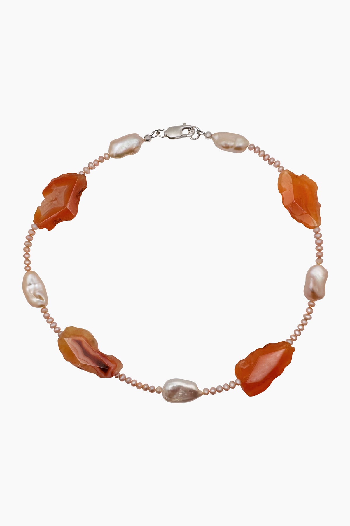 The Pia Necklace, featuring Condor agate, freshwater keshi, and baroque pearls, embodies earthy tones and healing energy. Handmade with care, it reflects a nature-inspired elegance.