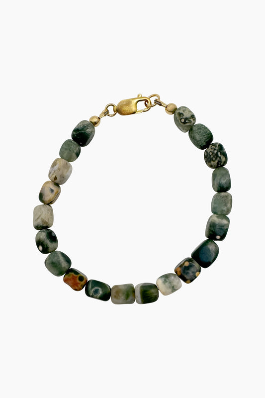 Product shot of the Rio Bracelet featuring irregular Ocean Jasper nugget beads, showcasing earthy colors and organic textures. Handmade with natural gemstones in Los Angeles.