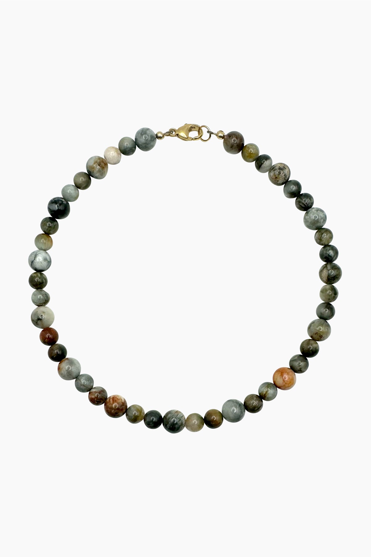 Product photo of the Santal Necklace, featuring alternating large and small eagle eye quartz beads in moody, earthy tones with a subtle reflective sheen. 